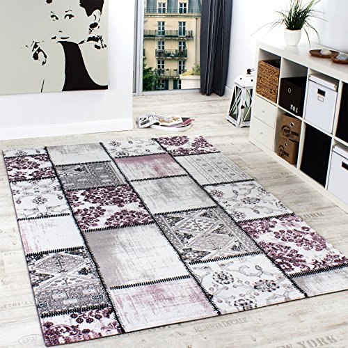 Edler Designer Teppich Patchwork Vintage Look Teppich Meliert in Lila Creme, Grösse:200x290 cm4